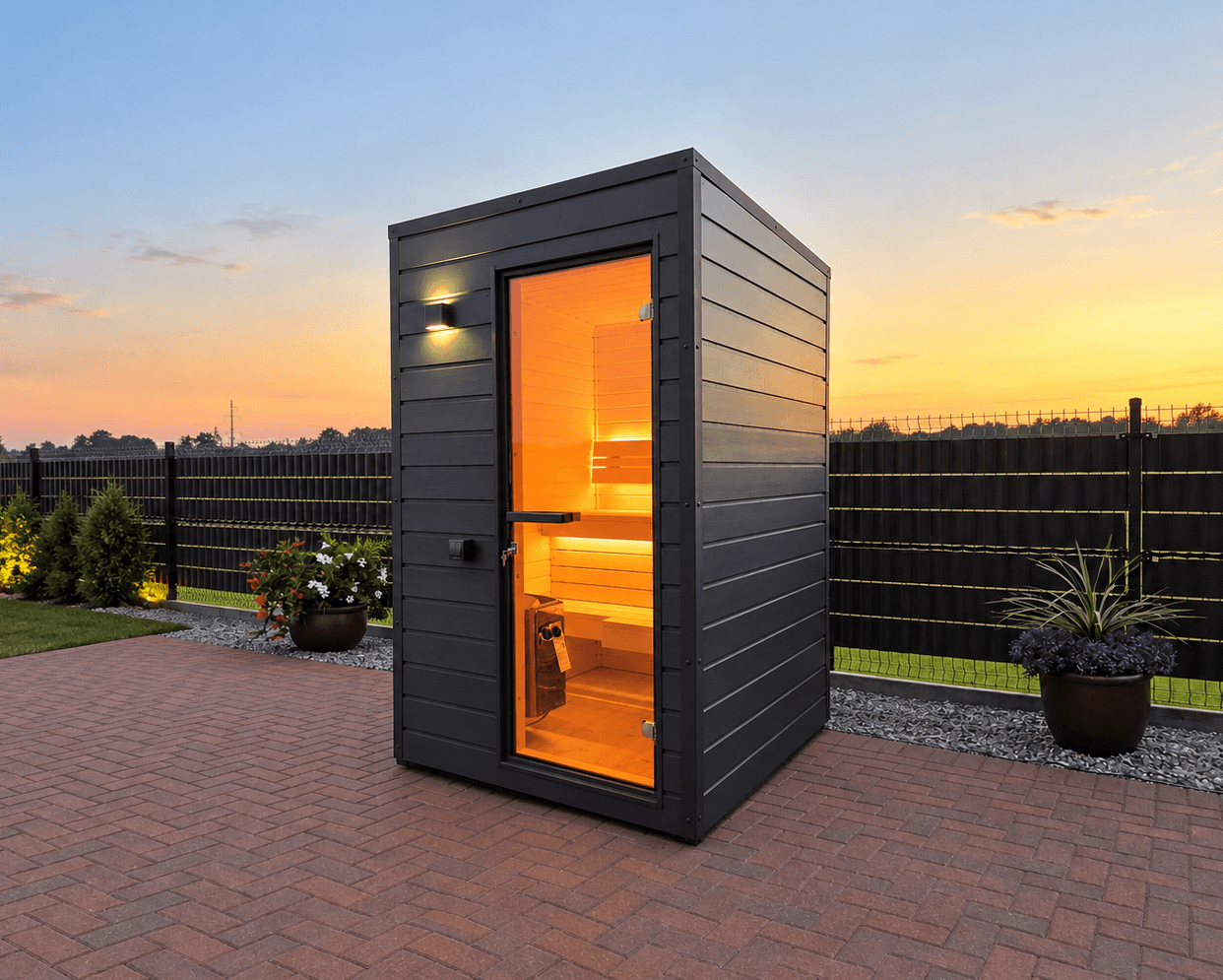 compact 1–2 person outdoor sauna with LED lighting